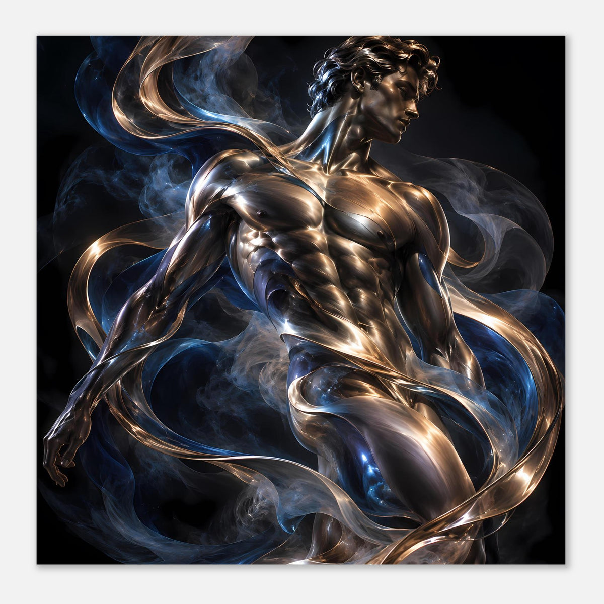 Kunstposter mit ganzer silber-goldener Frauenfigur vor dunklem Rauchhintergrund