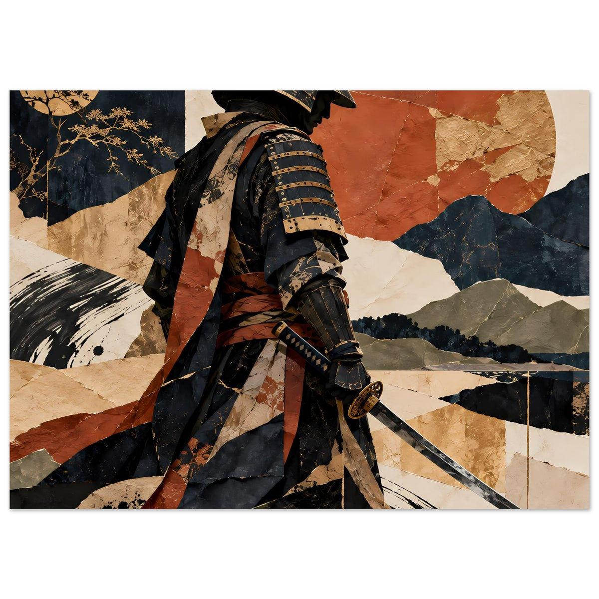 Samurai-Silhouette-Poster im Querformat, schwarze Rüstung mit goldenem Akzent und geerdeter Grafik
