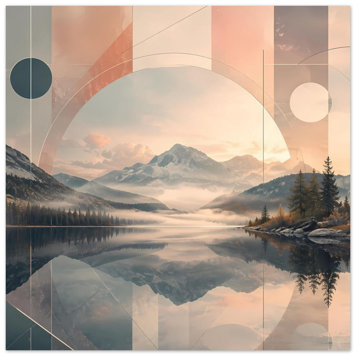 Poster: Bergsee-Landschaft bei Sonnenuntergang, überlagert mit transparenten Kreisen und Rechtecken