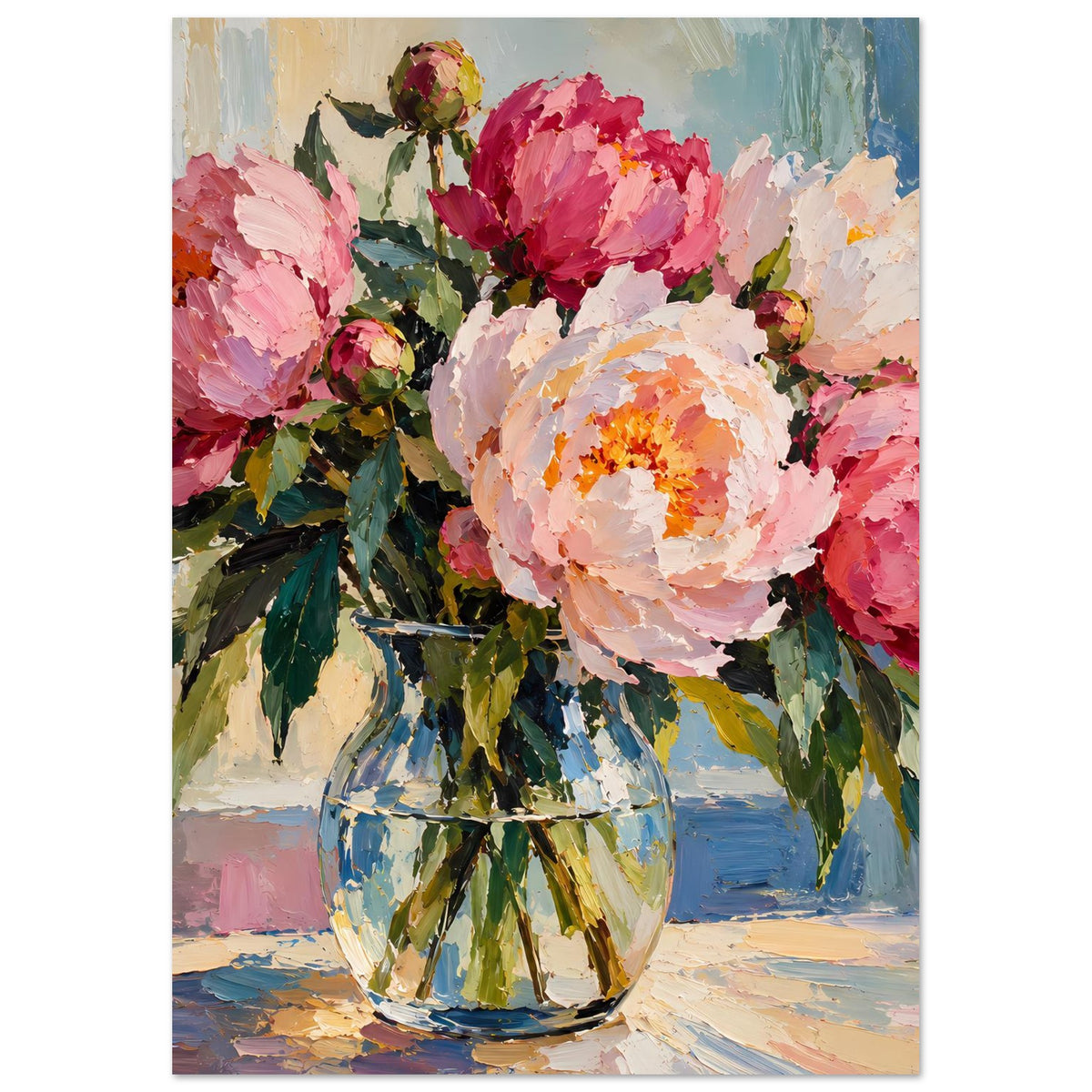 Blumenposter mit Pfingstrosen in Vase, Ölmalerei-Stil, hochformatig