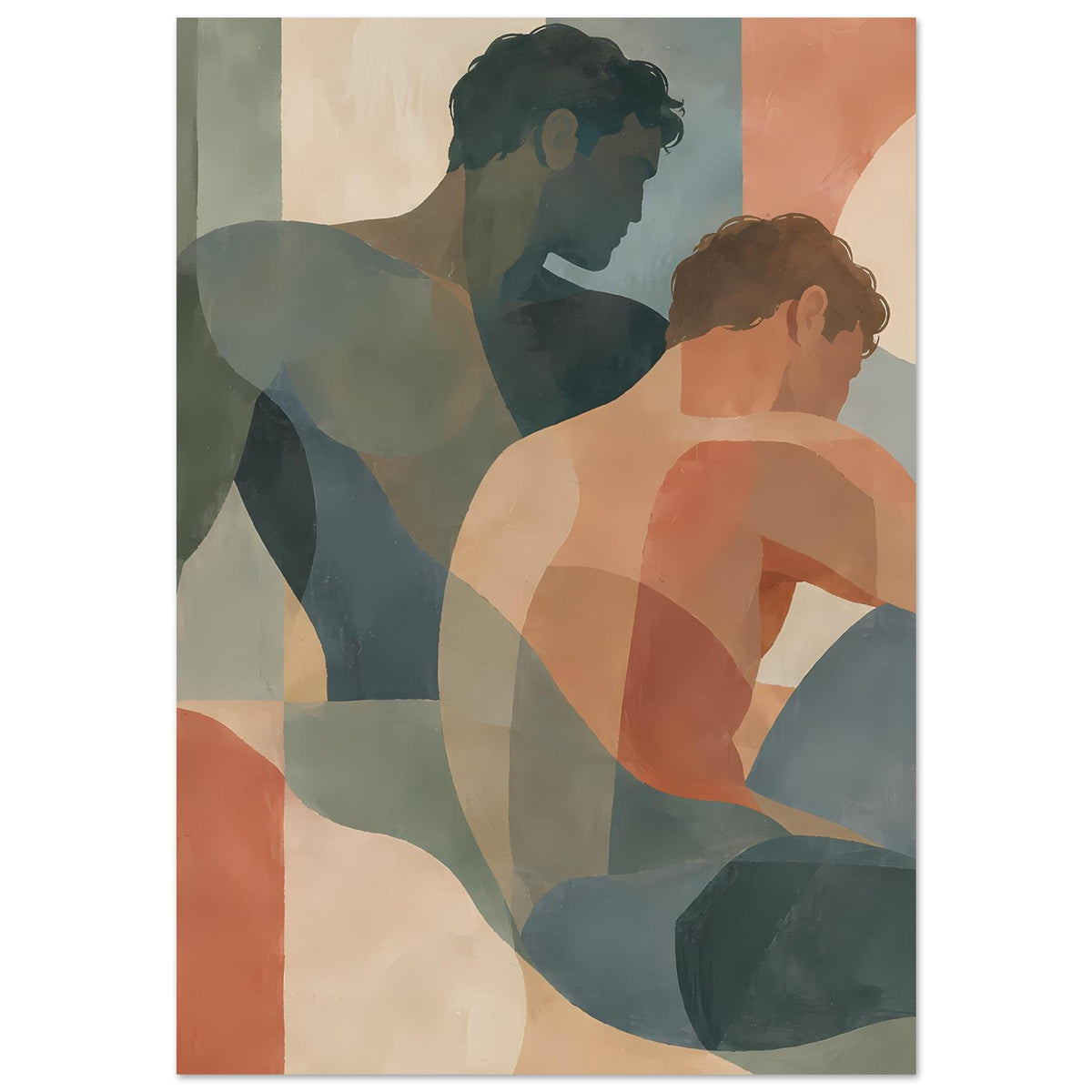 Abstrakter Kunstdruck mit zwei sitzenden Figuren, warmen Erdtönen, Hochformat