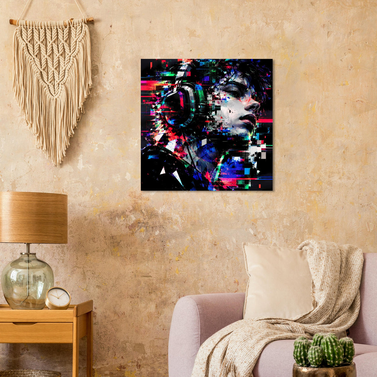 Quadratisches Kunstposter an der Wand, futuristisches Gesicht mit Kopfhörer-Glitch