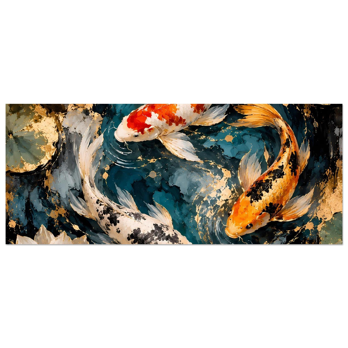 Koi-Pond-Kunstposter: drei Koi-Fische mit Lotusblüten, Blau-, Orange- und Goldtönen.