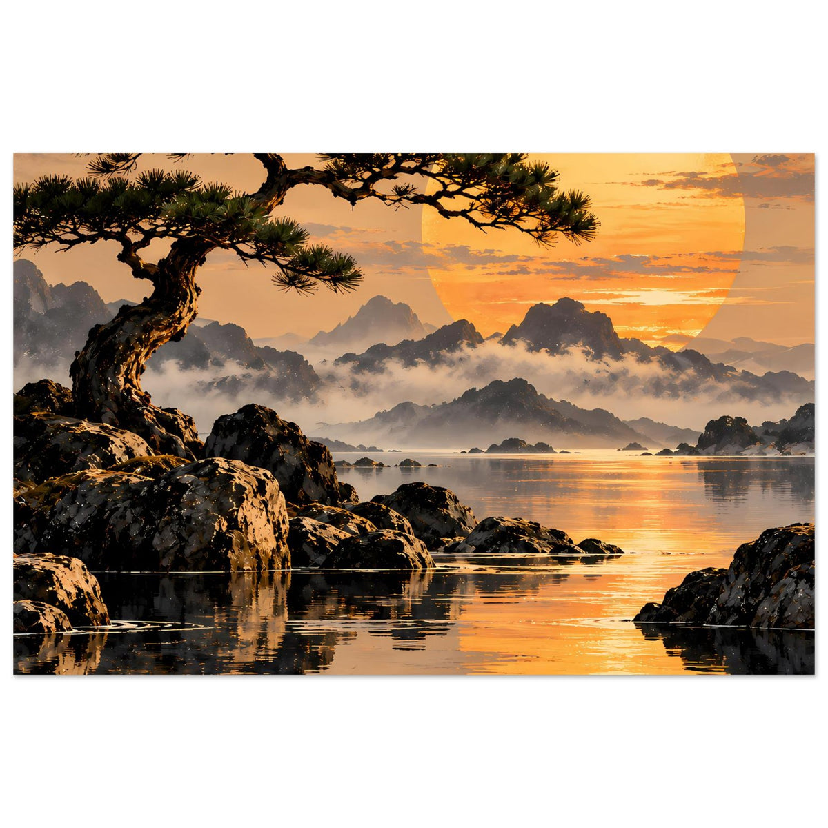 Horizontales Landschafts-Poster mit Pinienast, Felsen am Wasser und goldenem Sonnenuntergang