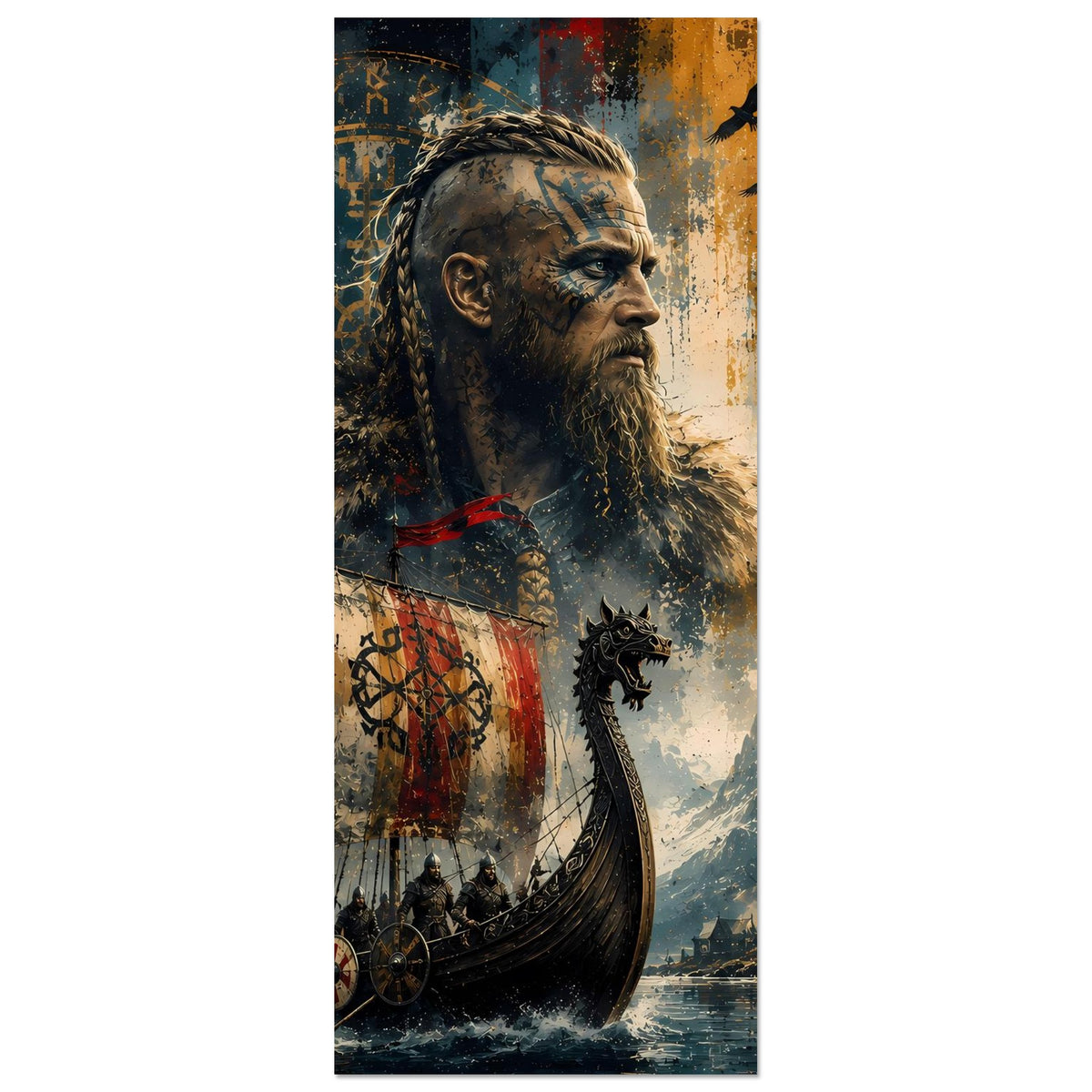 Vikinger-Poster mit bärtigem Kriegerprofil, Langschiff und Runen, im Hochformat
