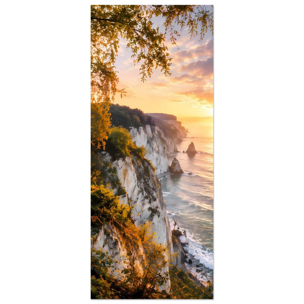 Vertikales Küstenlandschafts-Poster mit Klippe, Birkenzweigen und Meer bei Sonnenuntergang