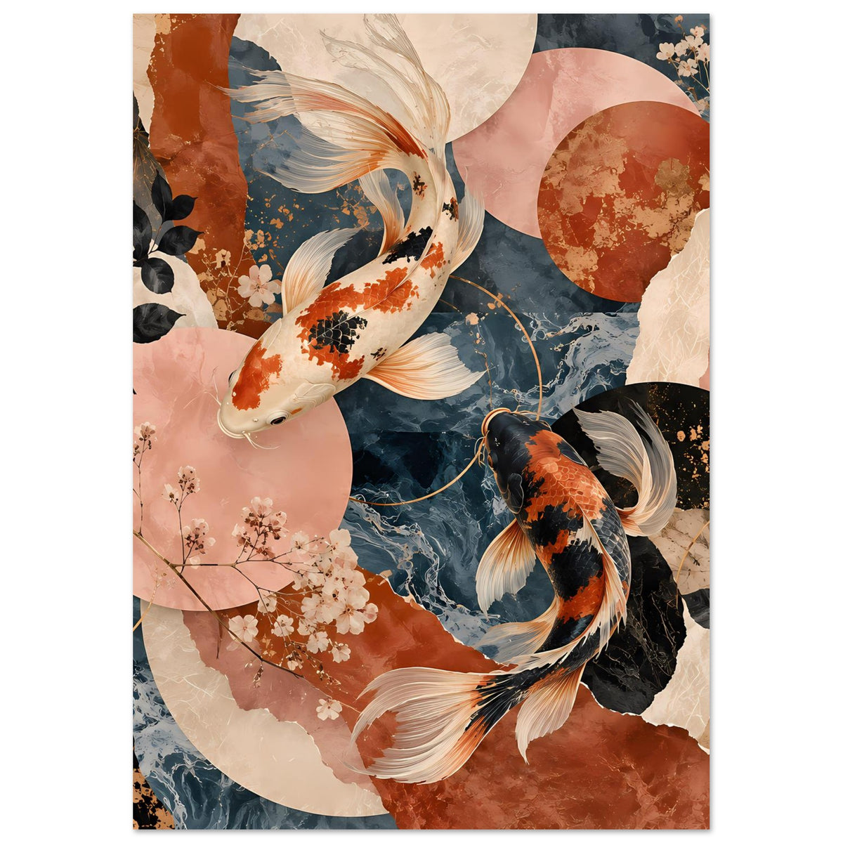 Koi-Fische Poster mit orange-weißem Koi und schwarzen Akzenten, in warmen Terrakottatönen