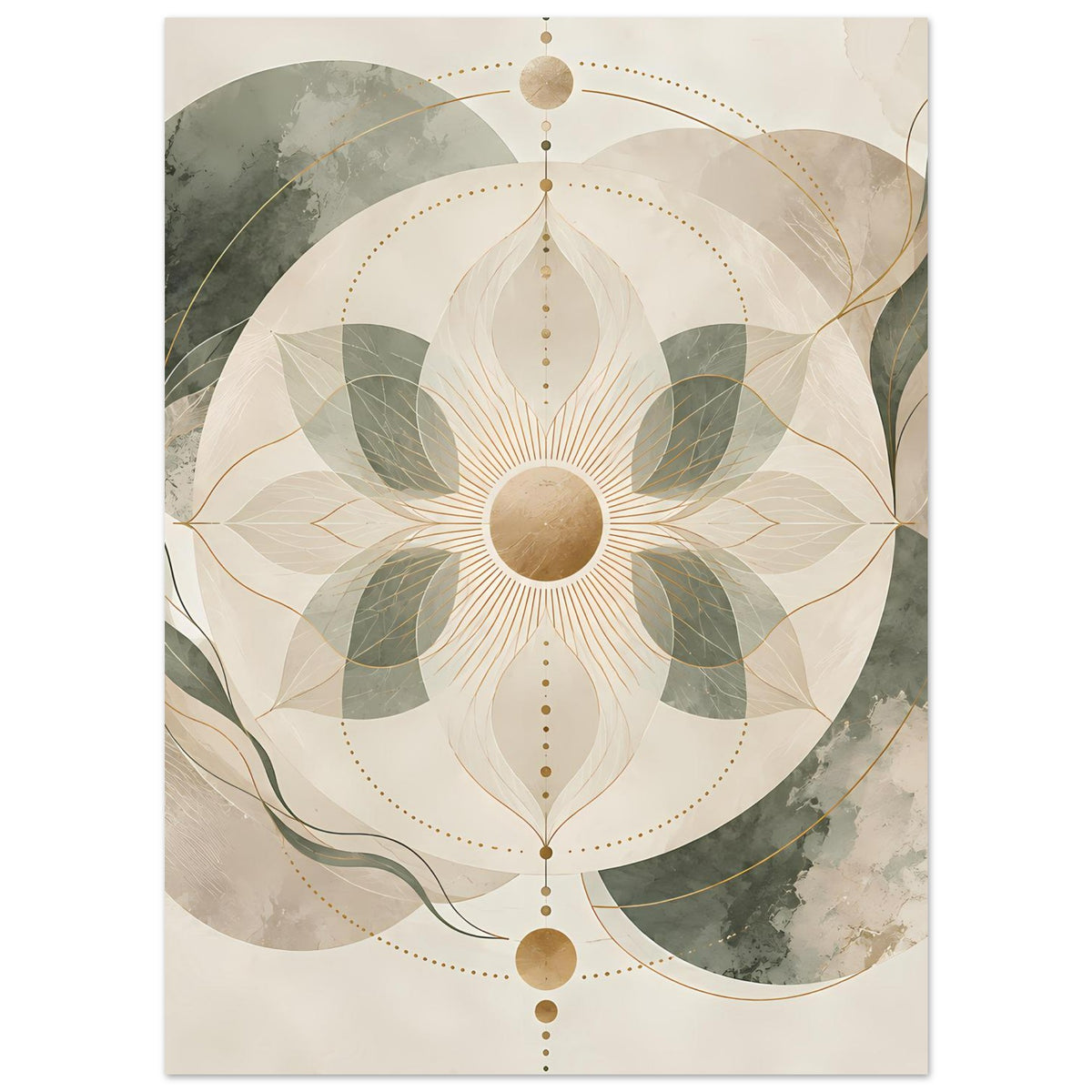 Zen-Poster mit Mandala in Beige und Grün, goldene Linien, Kreisring und Blätterform