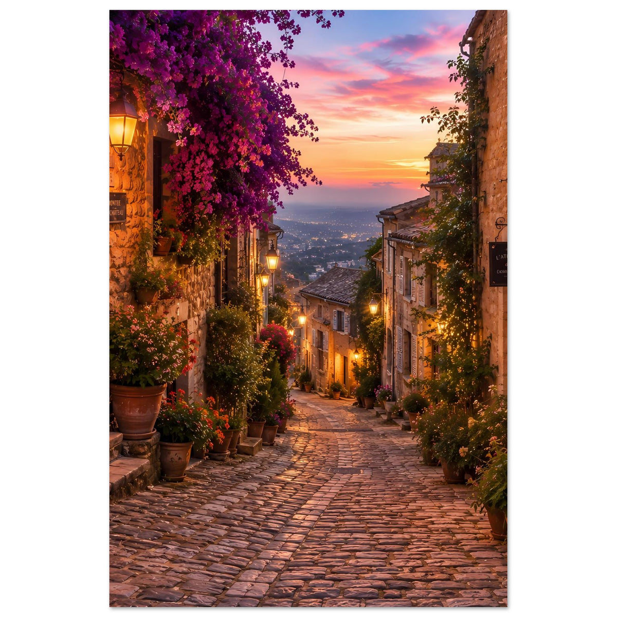 Dorfstraßen-Poster im Hochformat: enge Gasse mit Laternenlicht, Kopfsteinpflaster und Stadtblick