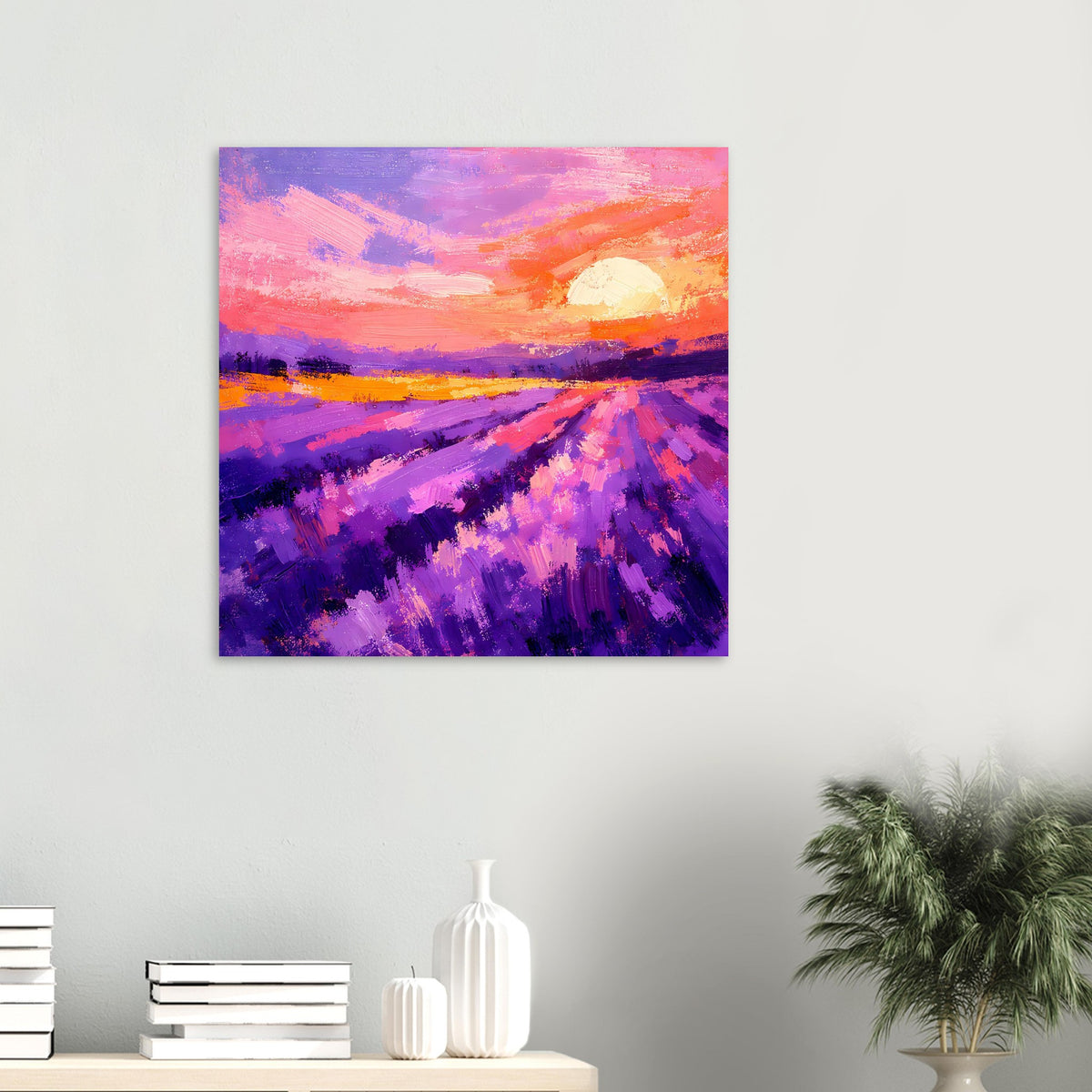 Poster im Rahmen mit Lavendelfeld bei Sonnenuntergang, violett und orange