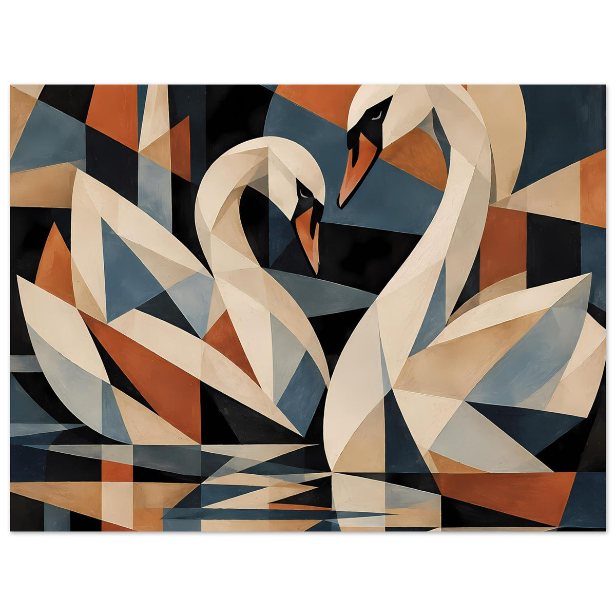Kubistisches Schwanen-Poster im Querformat: abstrakter Schwan in Blau, Orange und Creme