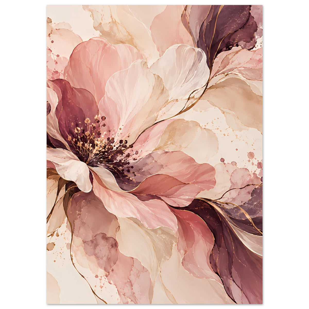 Vertikales Blütenposter mit großen Blüten in Rosé-, Creme- und Beerentönen