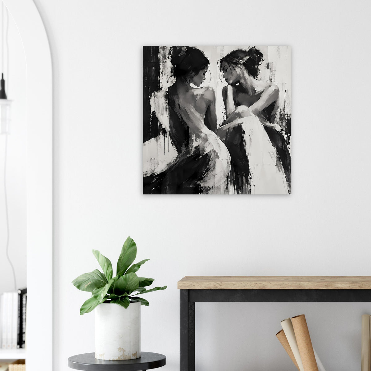 Schwarzweiß-Porträt-Poster mit zwei Frauen in kontrastreichen Schwarzweißflächen
