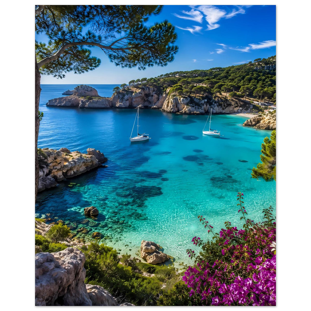 Gedrucktes Poster im Hochformat: türkisblaues Wasser, Felsbucht, Segelboote und pinke Blumen.