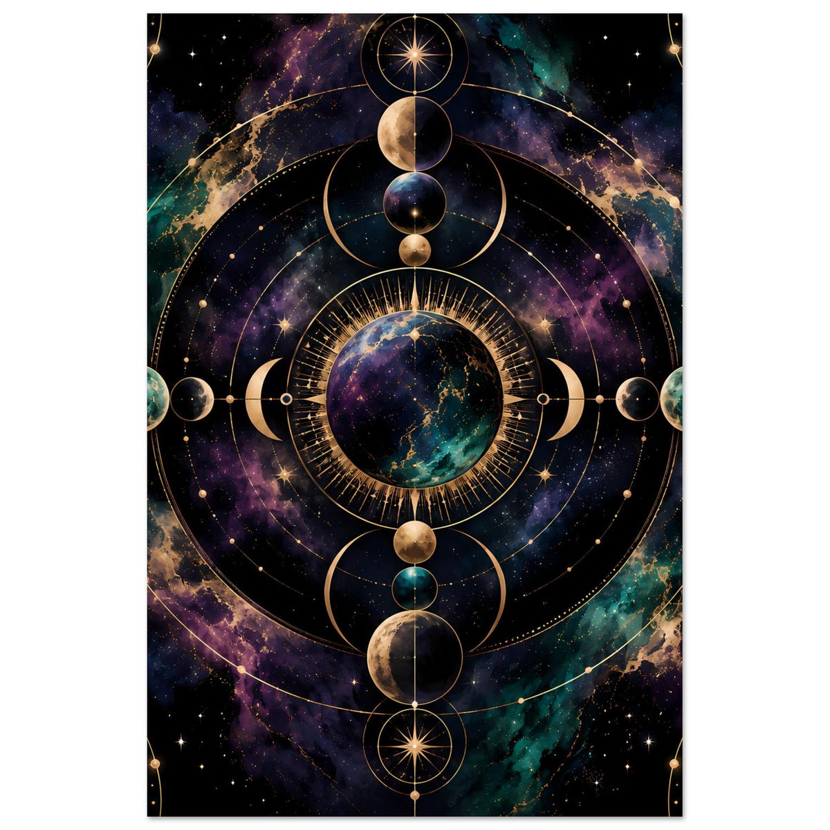 Vertikales Poster mit kosmischem Mandala, goldenen Kreisen und Planet-Details