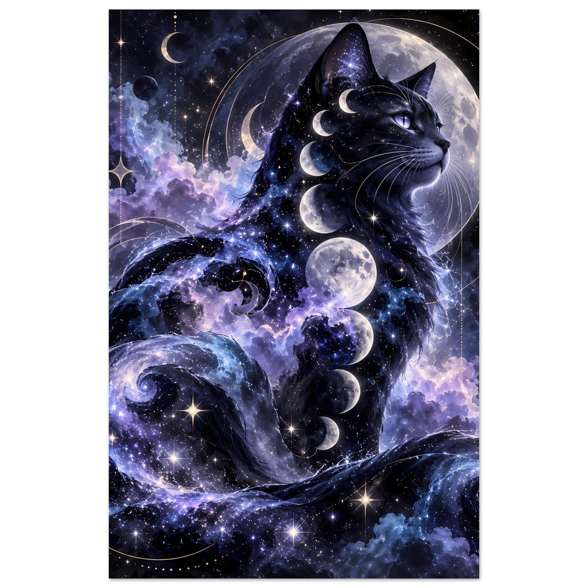 Hochformat-Poster mit schwarzer Katze und Mondphasen, umgeben von Sternen