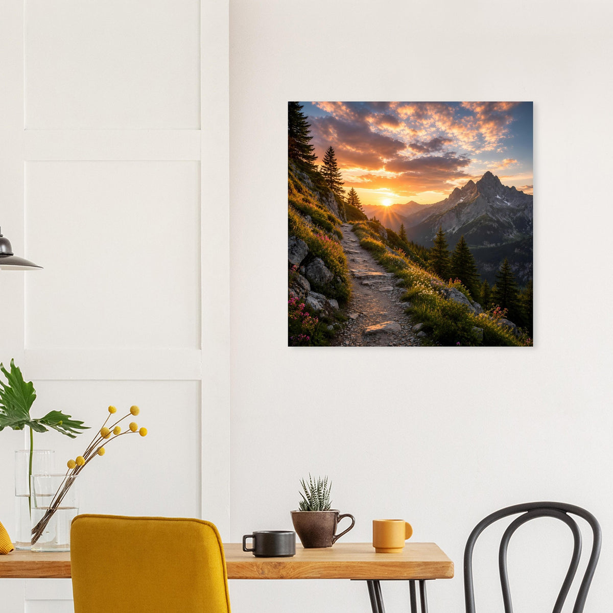 Quadratisches Poster mit Bergtal, tiefem Sonnenuntergang und schwarzem Rahmen