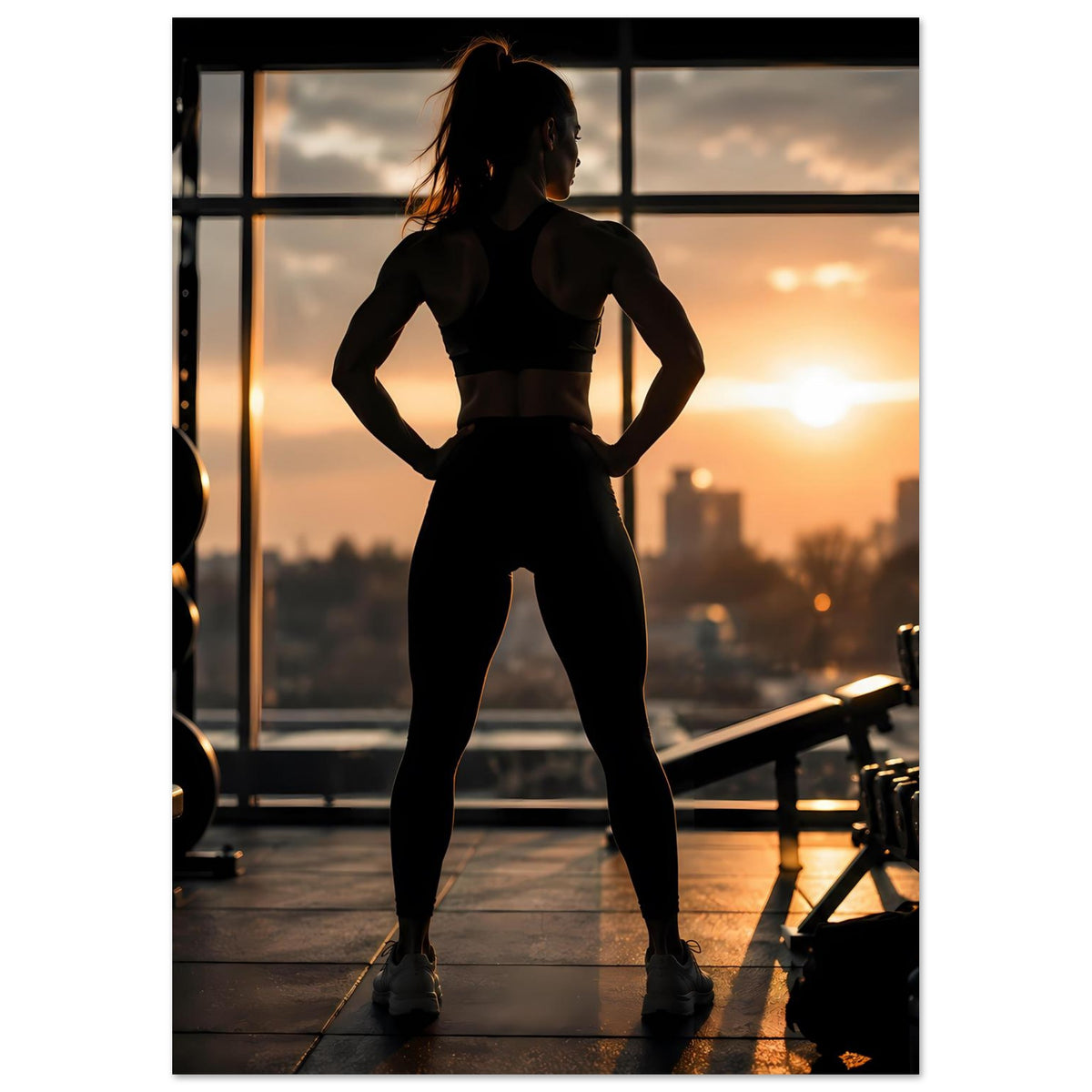 Fitness-Poster, vertikaler Ausschnitt: schwarze Silhouette einer Frau im Trainingsoutfit