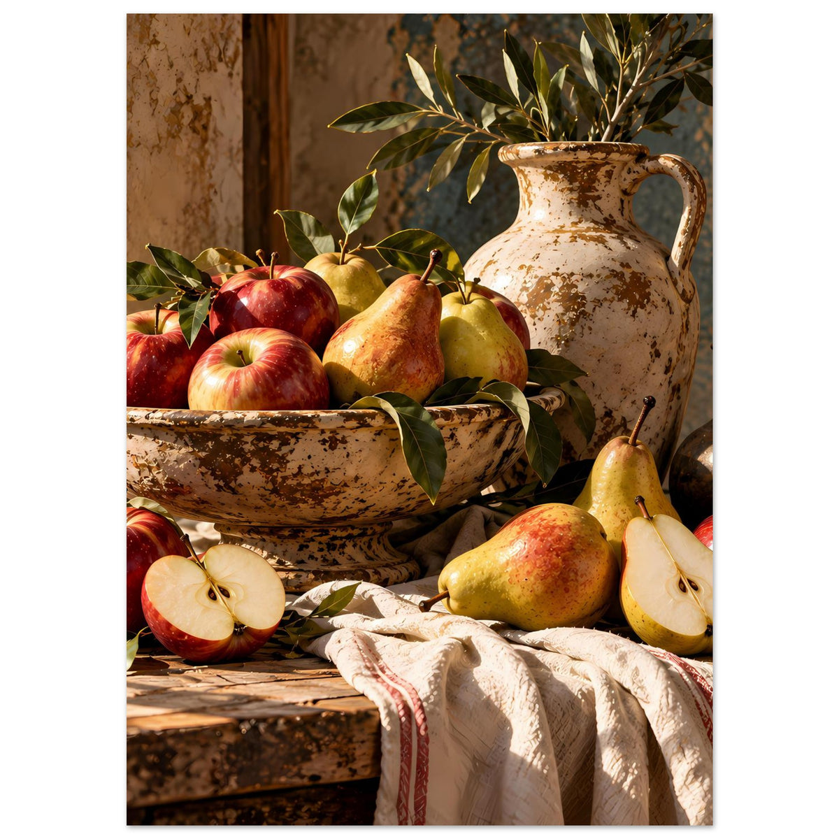 Herbstliches Stillleben-Poster: Schüssel, Krug und Früchte mit Blättern, dazu ein helles Stofftuch.