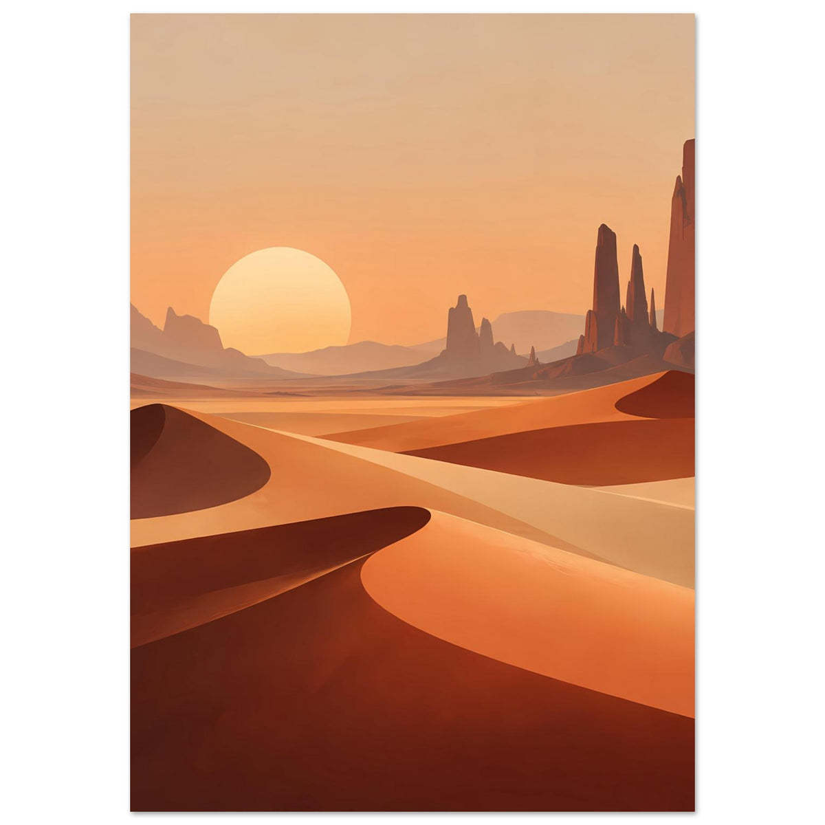 Vertikales Poster mit Sandwellen: orangefarbener Himmel, Sonnenkreis und Felsklippen.