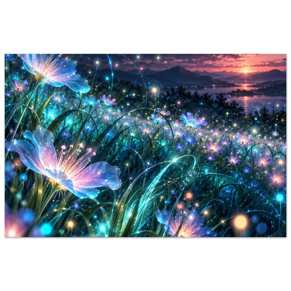 Horizontales Blumenposter mit leuchtenden violetten Schmetterlingsblüten und funkelnden Lichtpunkten