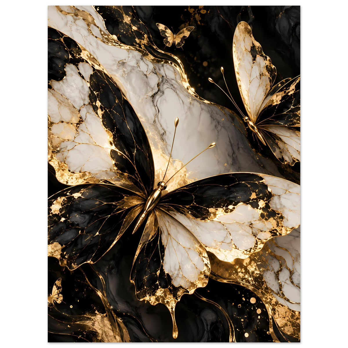 Hochkant-Poster mit großem Schmetterling, Schwarz-Gold und weißen Adern