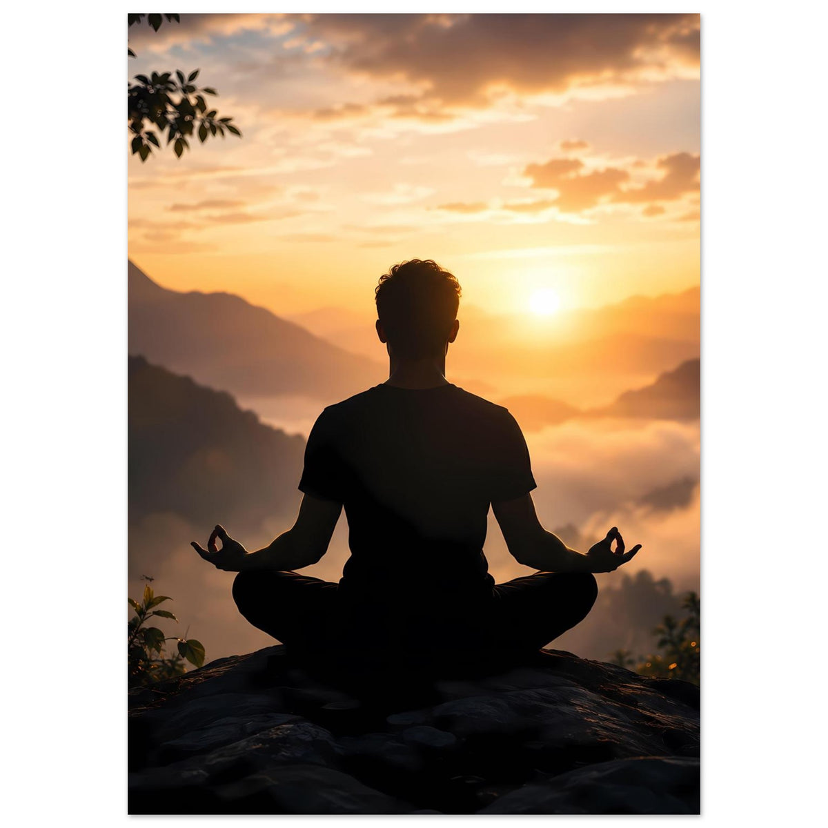 Poster: sitzende Meditationsfigur als dunkle Silhouette vor Sonnenuntergang