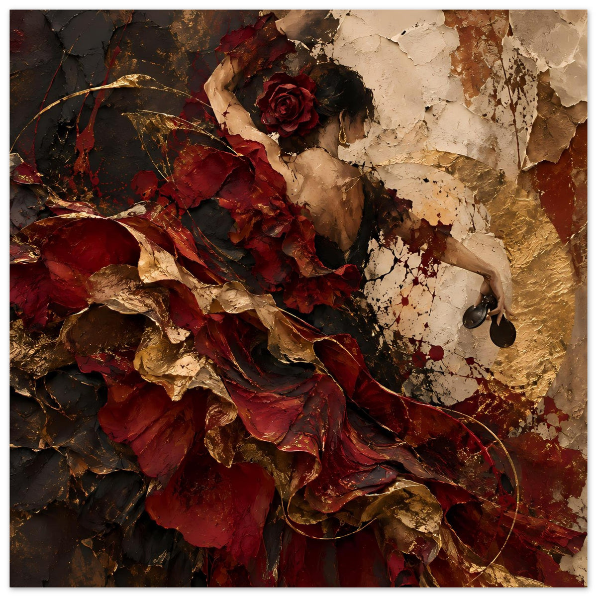 Wandkunst-Poster: Frau mit roter Rose, rotes gefaltetes Tuch und goldbrauner Grundstruktur