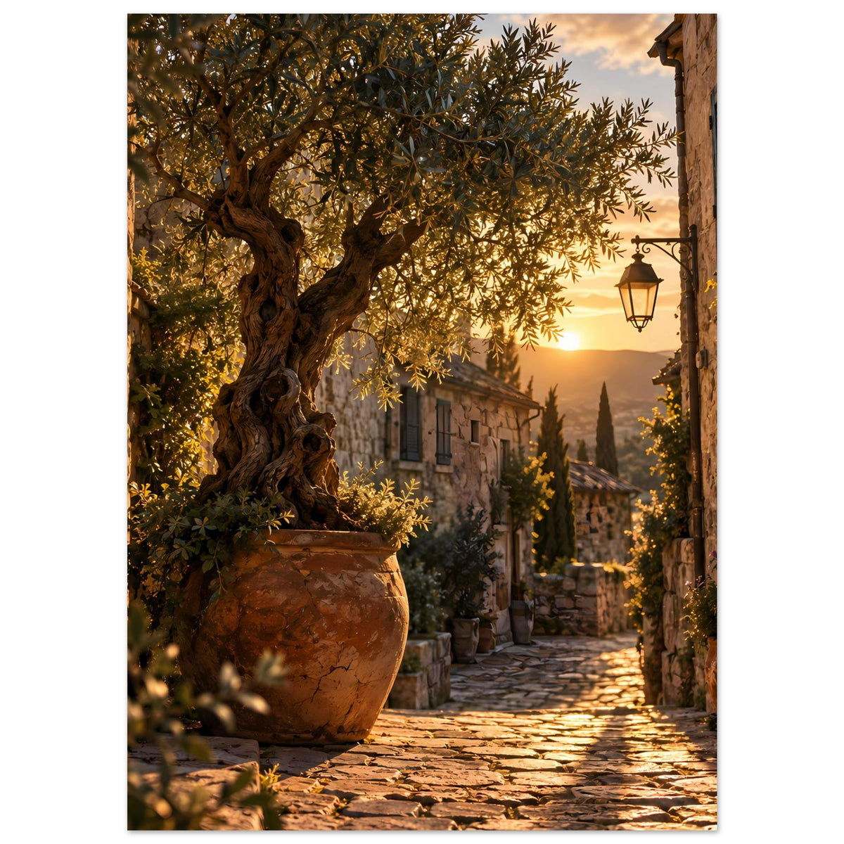 Poster mit Olivenbaum im Tongefäß, Laternen und mediterraner Gasse bei warmem Abendlicht