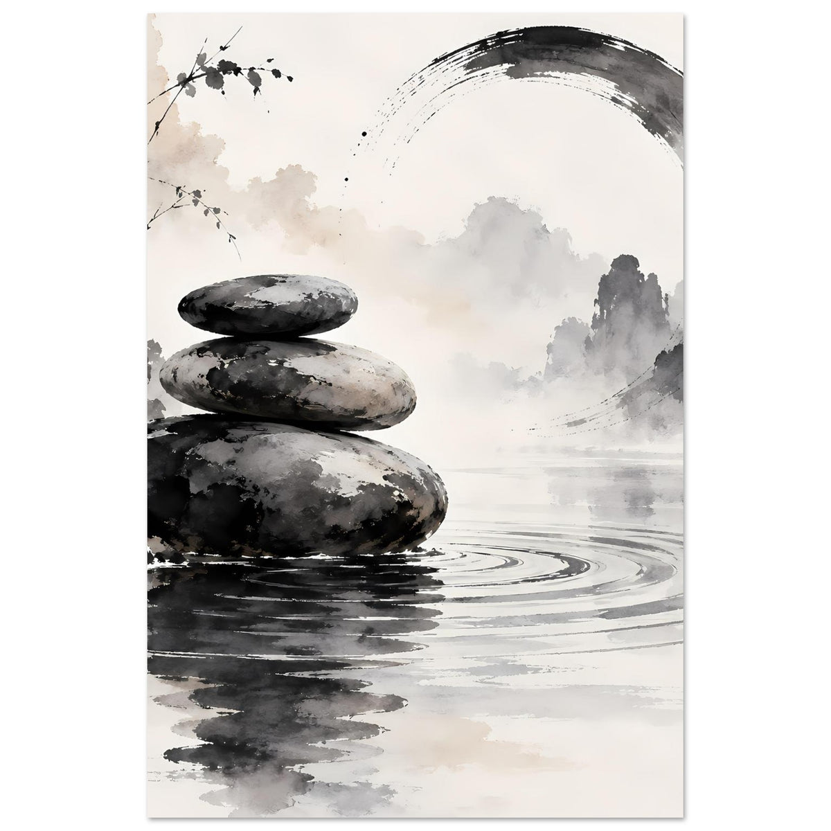 Poster mit Zen-Stein-Stack, Wasserreflexionen und großem Pinselbogen in Schwarz-Weiß