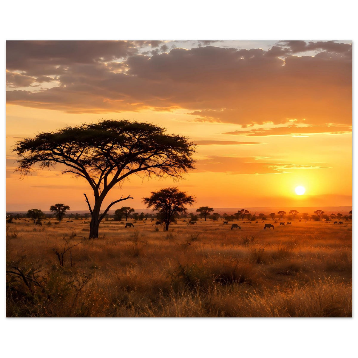 Horizontales Poster mit Akazienbaum, Savannenwiese und Sonnenuntergang am Horizont