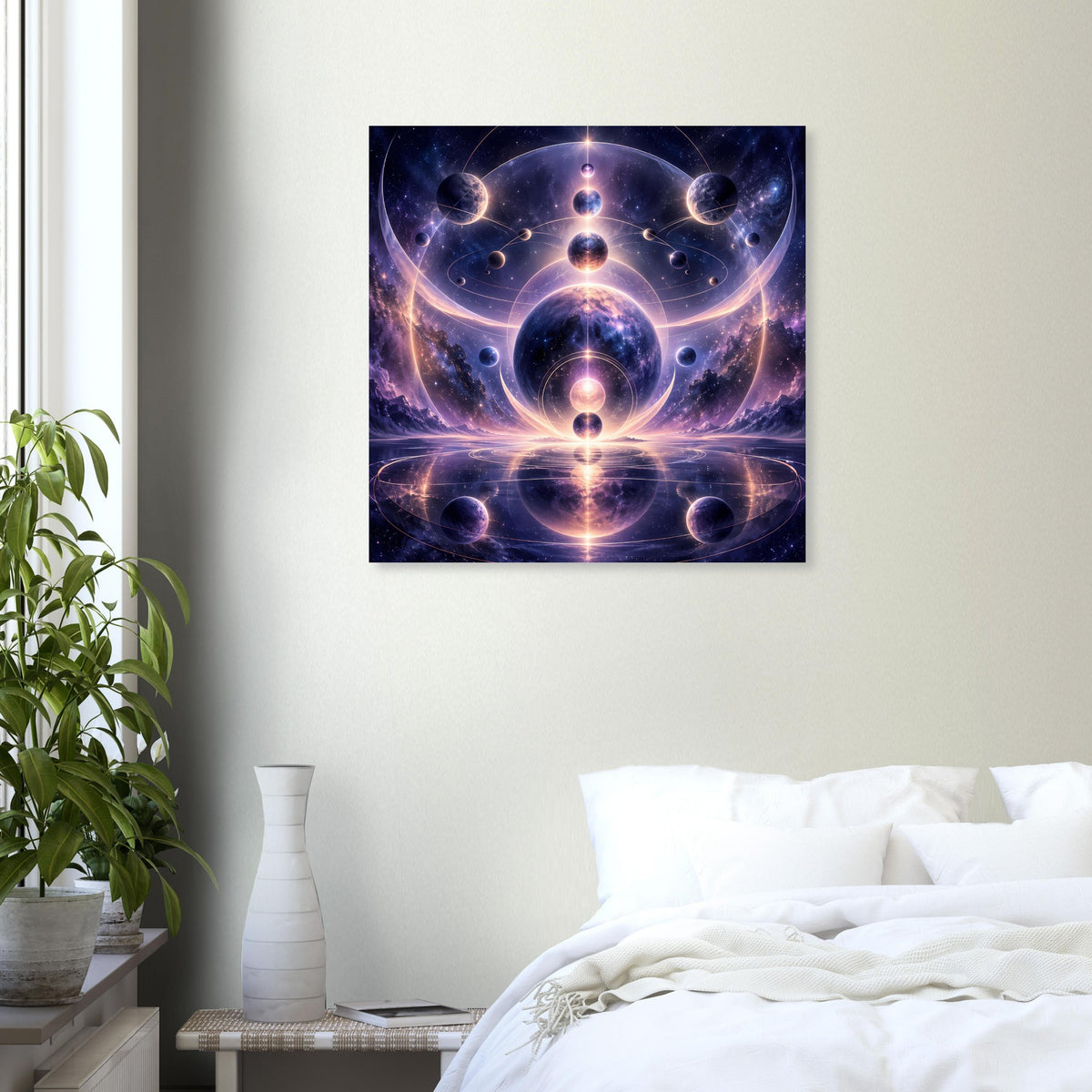Quadratisches Poster mit Himmels-Symmetrie in Blau, Violett und goldenen Lichtakzenten.