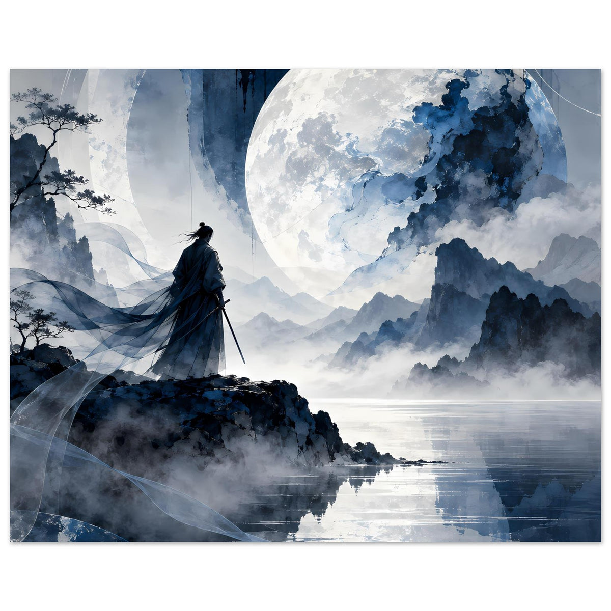 Horizontales Poster: Mond über Berglandschaft mit Samurai im Wind, blau und grau.