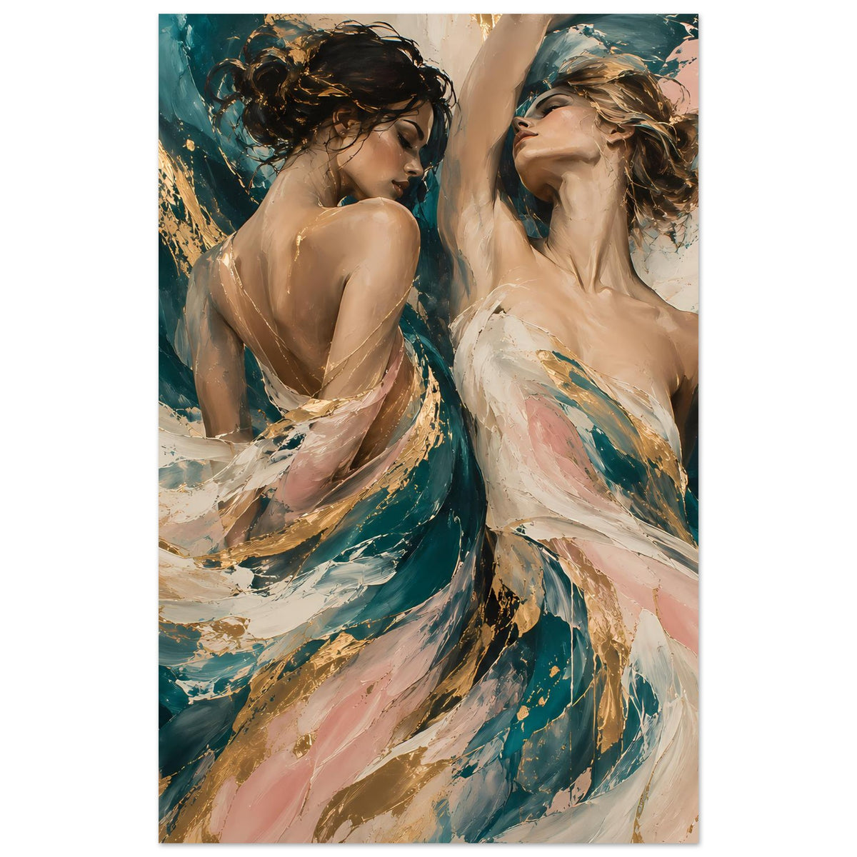Poster im Hochformat mit zwei Frauenfiguren, abstrakte Malerei in Grün, Rosa, Gold