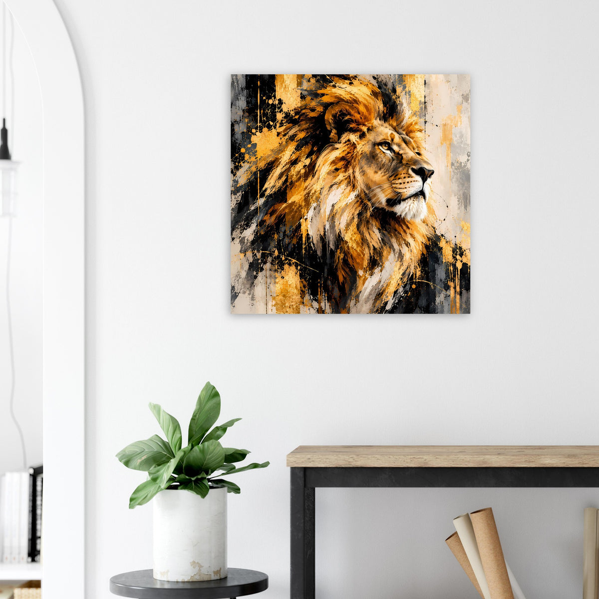 Quadratisches Poster mit Löwe in goldbraunen und schwarzen Spritzmustern