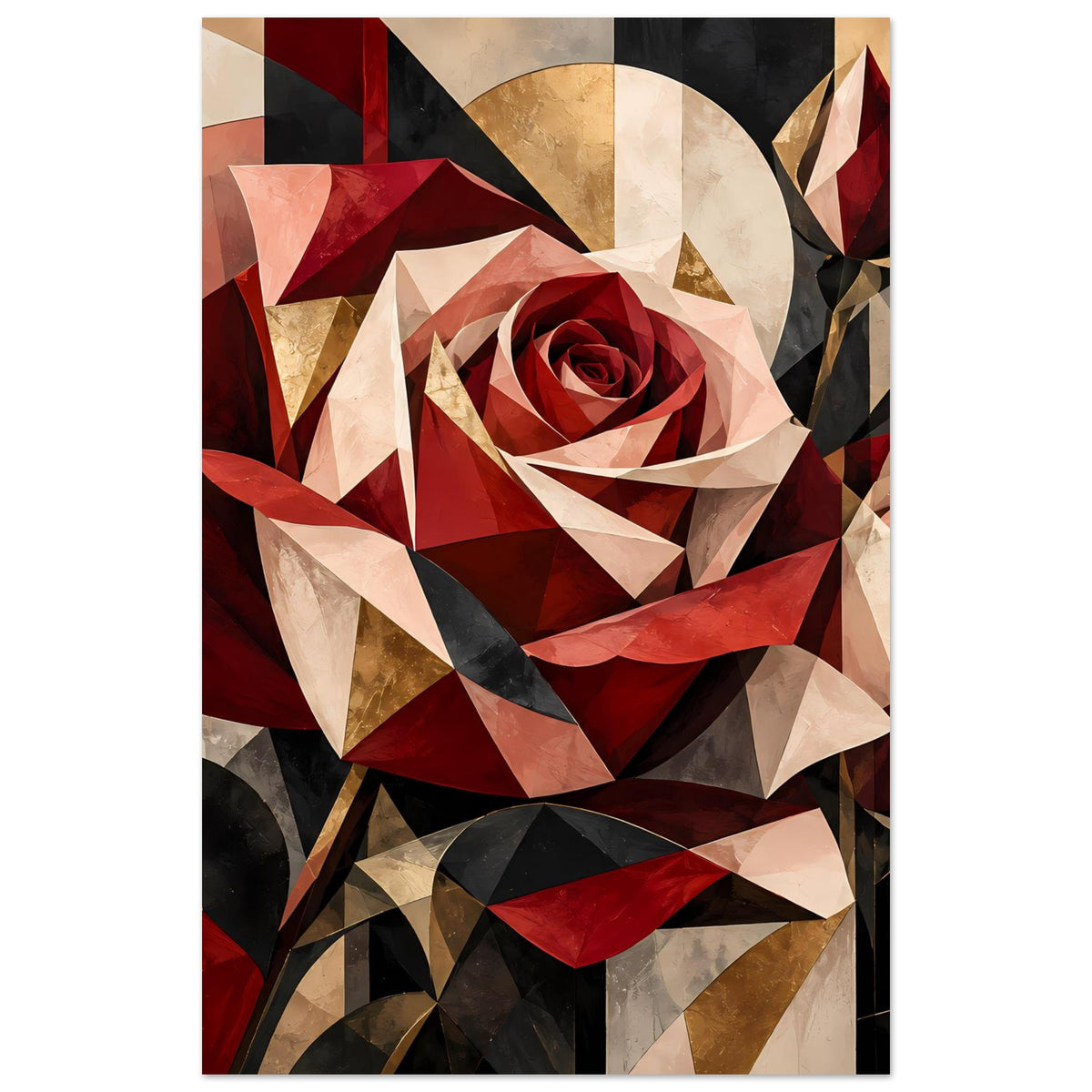 Blumenposter: geometrische rote Rose mit goldenen Akzenten, beige und schwarze Formen