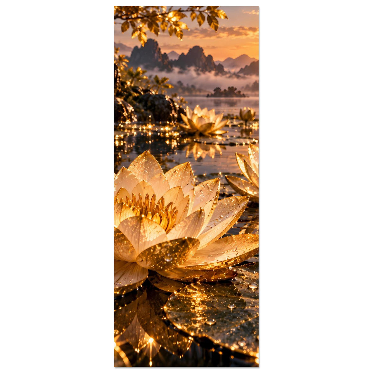 Vertikales Poster mit goldenen Lotusblüten, sprühenden Lichtern und Abendhorizont