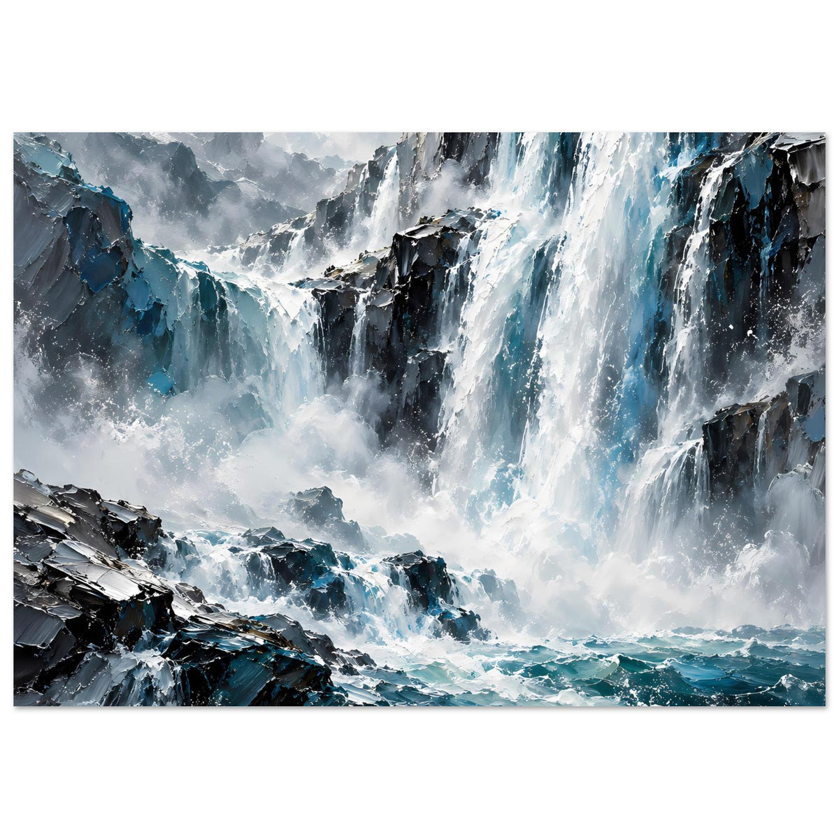 Wasserfall-Poster mit stürzenden Wassermassen über Felsen in Blau, Weiß und Grau