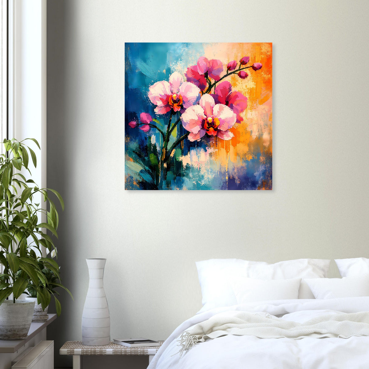 Quadratisches Blumenposter mit pinken Blüten über weißem Bett