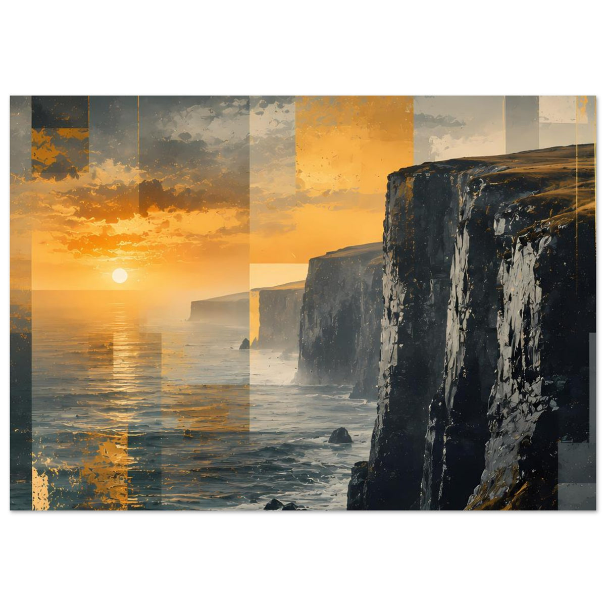 Querformat-Poster mit Himmel im Sonnenuntergang, ruhigem Meer und Klippen am Rand
