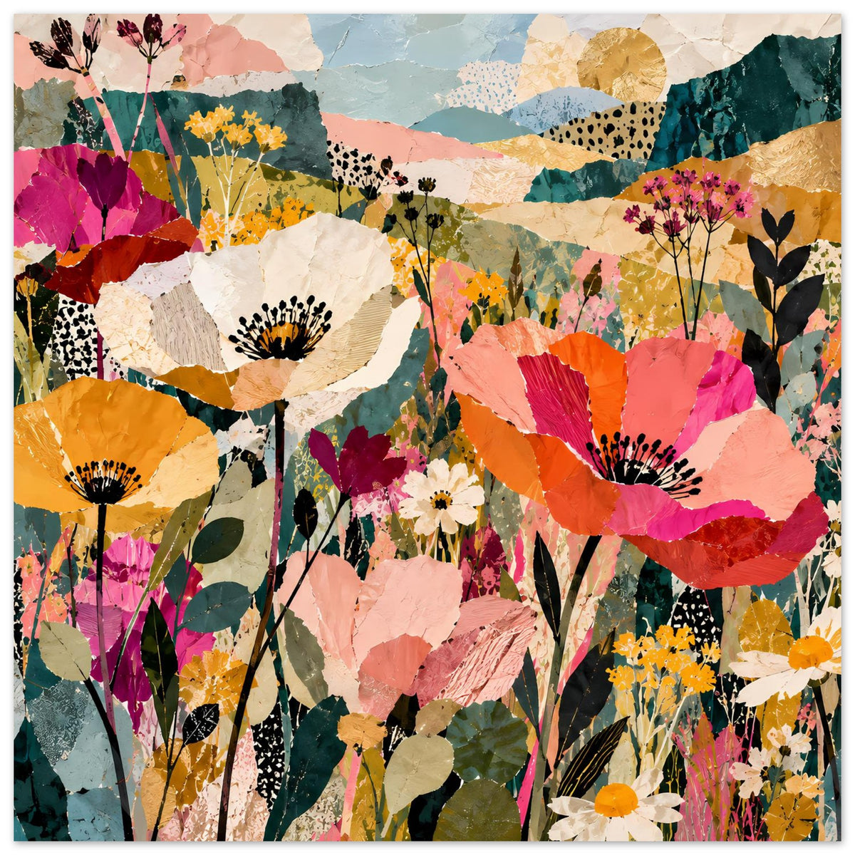 Blumen-Kollage-Poster im quadratischen Format mit bunten Blumen und zarten Musterflächen