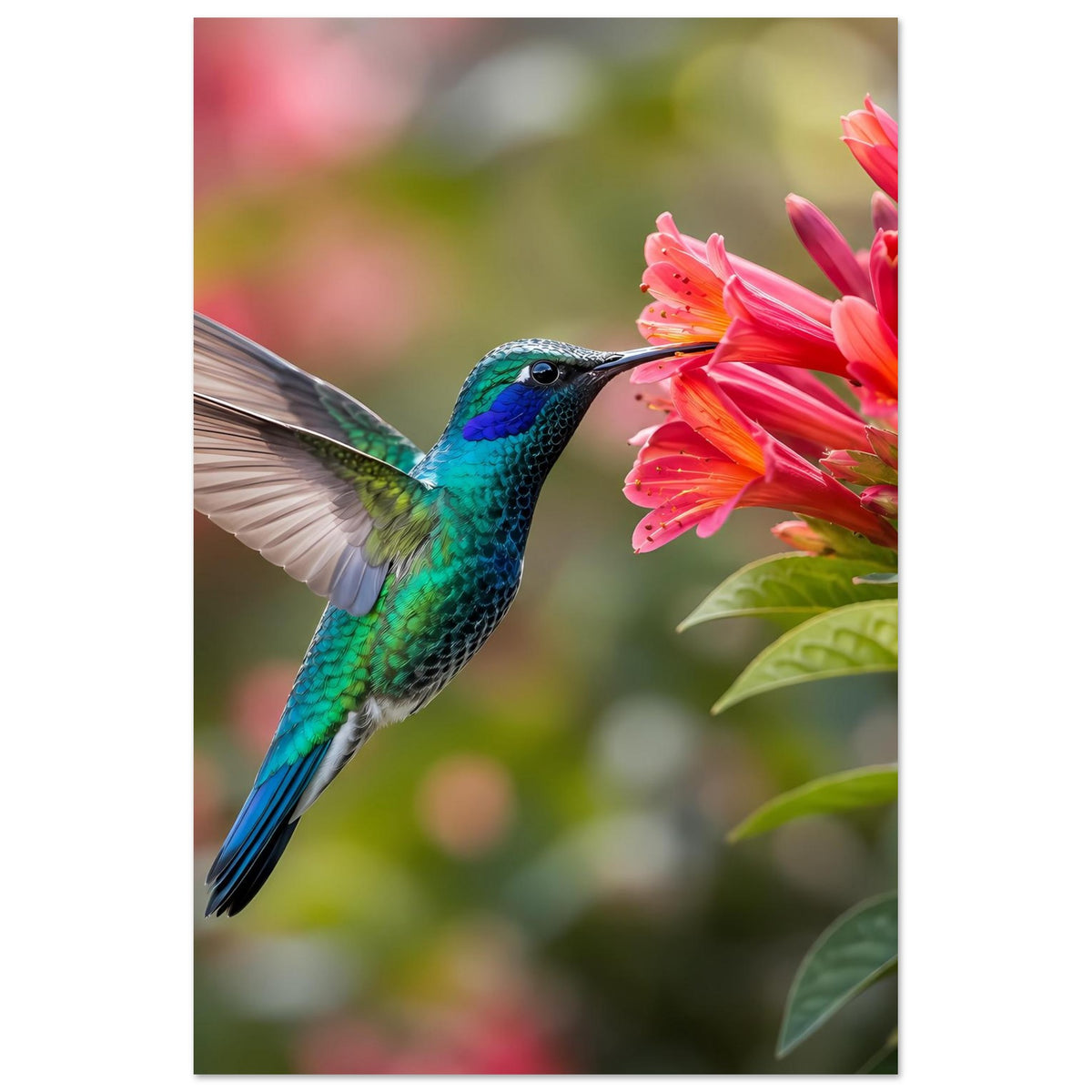 Naturposter mit türkisblauem Kolibri an pinken Blüten, vertikal