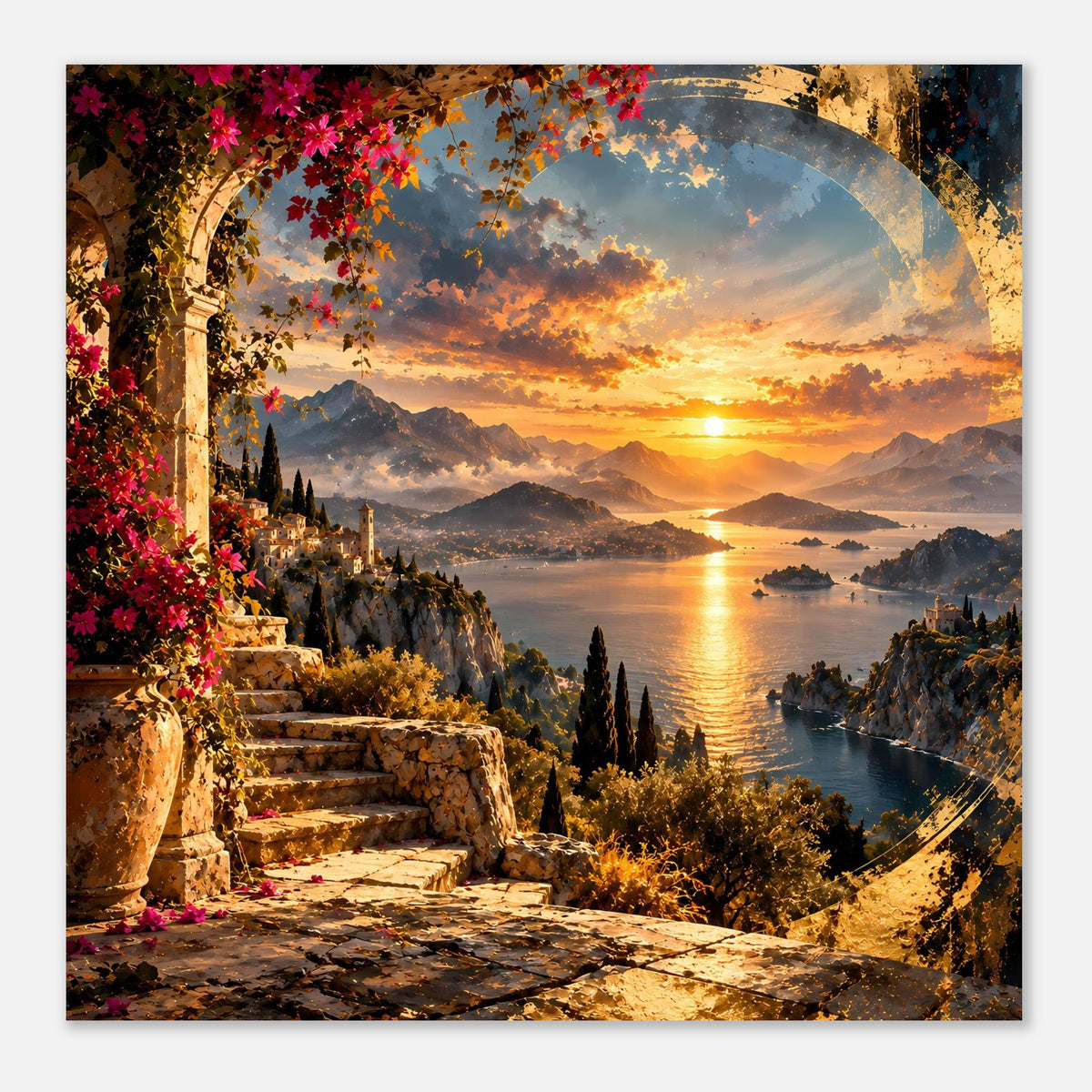 Detailreiches Küstenposter: Sonnenuntergang, goldenes Wasser und Berge im Hintergrund