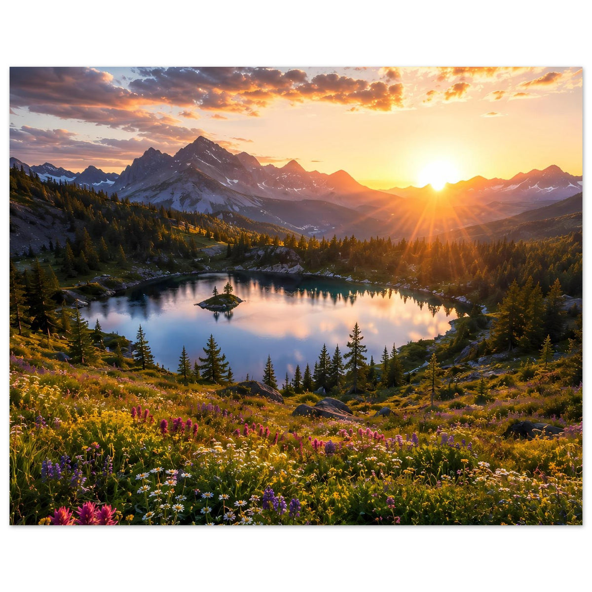 Horizontales Poster: Bergsee im Sonnenuntergang mit Tannenwald, Sonne und Blumenwiese