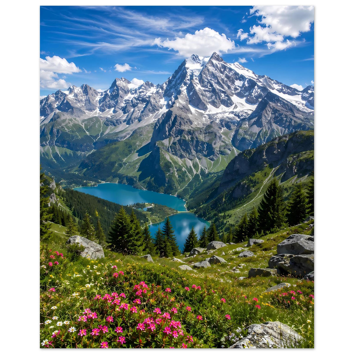 Poster mit schneebedeckten Bergen über grünem Tal, See, Fichten und Wildblumen
