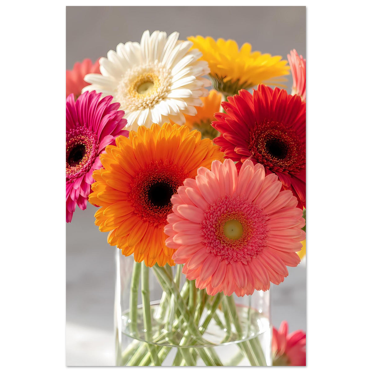 Vertikales Gerbera-Blumenstrauß-Poster mit buntem Blumenstrauß in Vase, auf mattem Papier