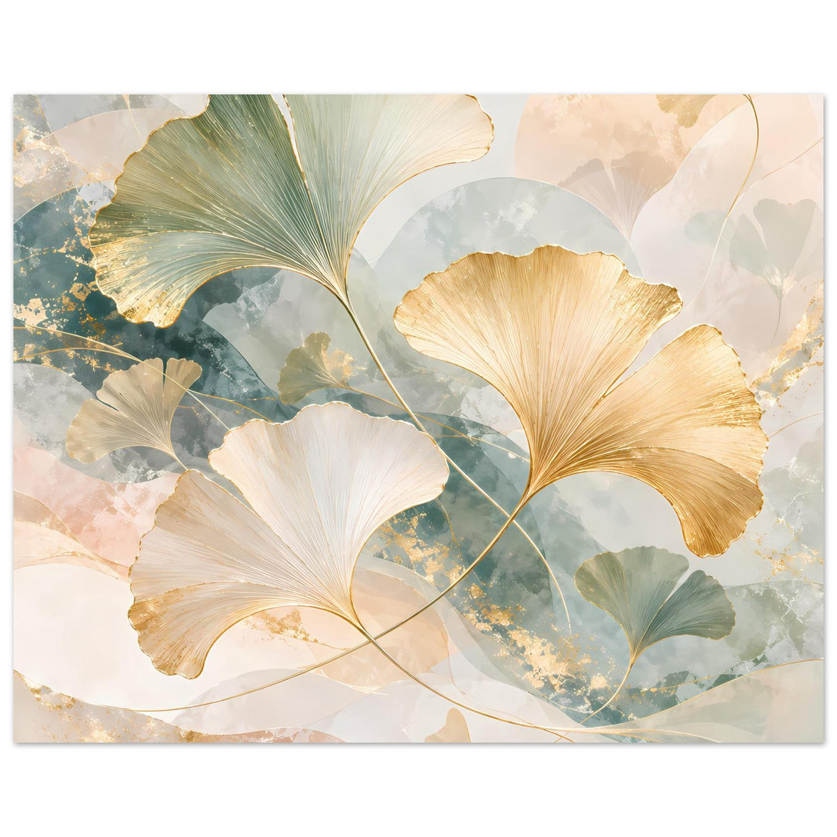 Querformatiges Poster mit Ginkgo-Blättern in Pastellgrün und goldfarbenen Details