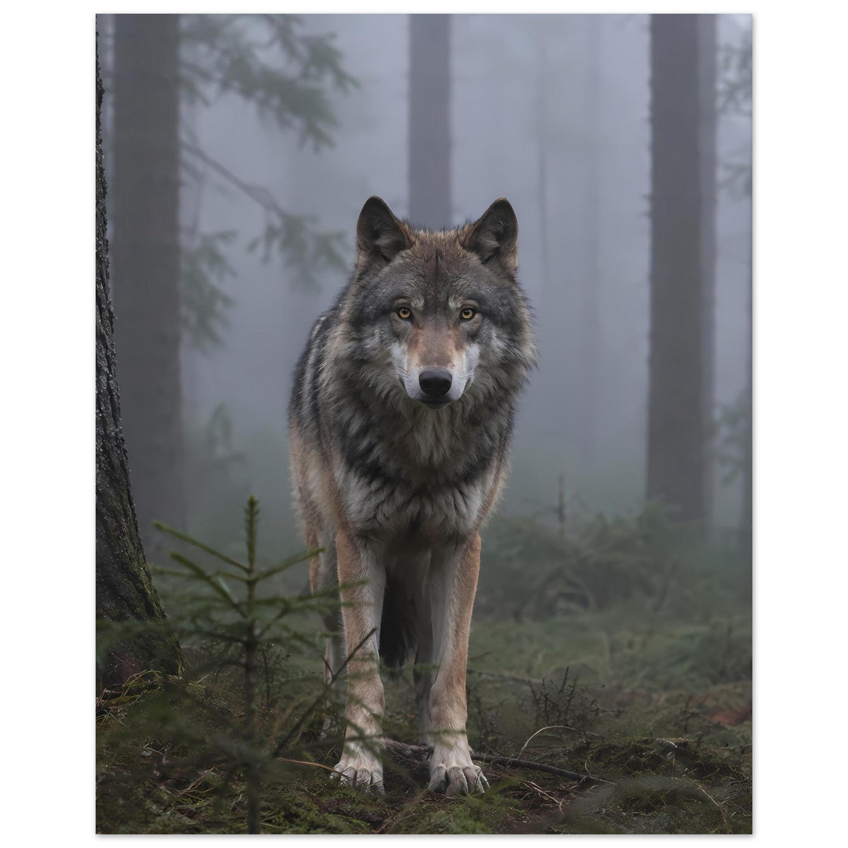 Poster im Hochformat mit grauem Wolf im Wald, Motiv mittig