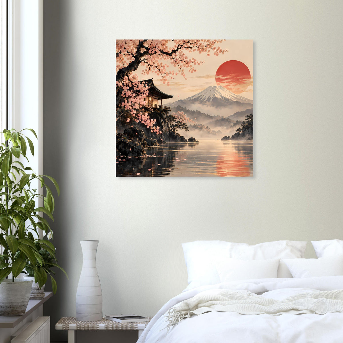 Quadratisches Wandposter mit Kirschblüten, Berg Fuji, rotem Sonnenaufgang und spiegelndem Wasser