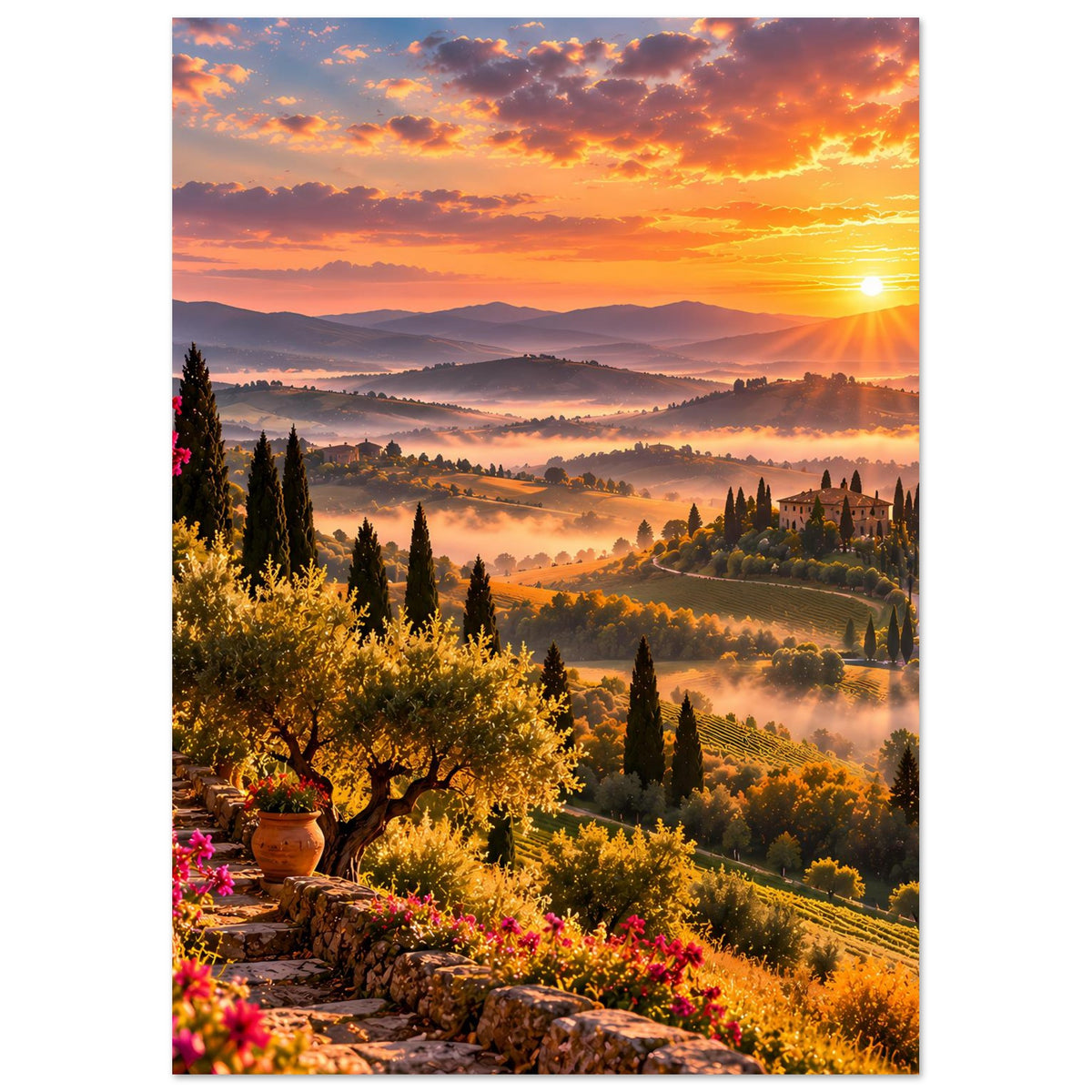 Poster mit toskanischer Hügellandschaft bei Sonnenuntergang, Sonne, Nebel und Zypressenreihen